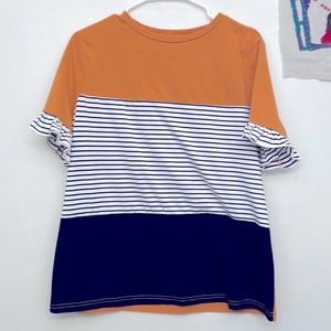 orange, black & white striped and black SHEIN blouse